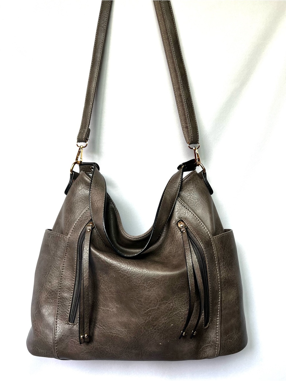 Taupe Slouchy Hobo Shoulder Bag w/ Tassel Zip Details Vegan Leather